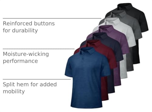 BOOJO 5 Pack Men's Polo Shirts - Quick Dry Moisture-Wicking Golf & Athletic Short Sleeve Tops - Variation: Black, Grey, Navy, Blue, Wine, Purple Large