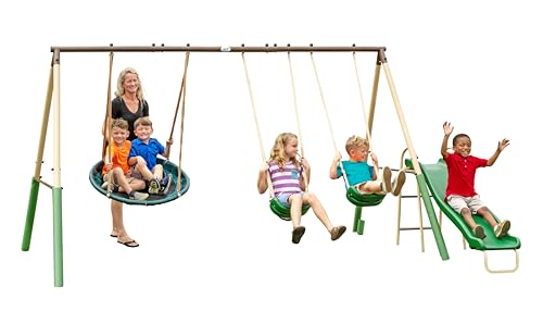 XDP Recreation Kids Swing Set with SuperDisc Swing & Safety Padded Frame, 148x93 Inches Backyard Playground for Ages 3-8