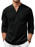 Men's Casual Linen Henley Shirt - 3/4 Sleeve Summer Beach T-Shirt Large Black