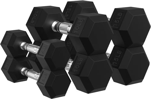 Black 60LB Signature Fitness Rubber Encased Hex Dumbbell Set with Rack