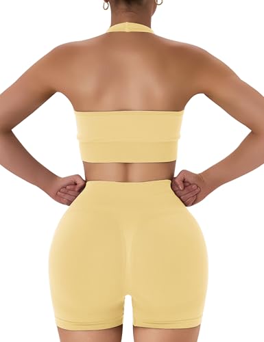 Women’s Workout Sets 2 Piece Halter Sports Bra & Scrunch Butt Shorts - Yellow Medium