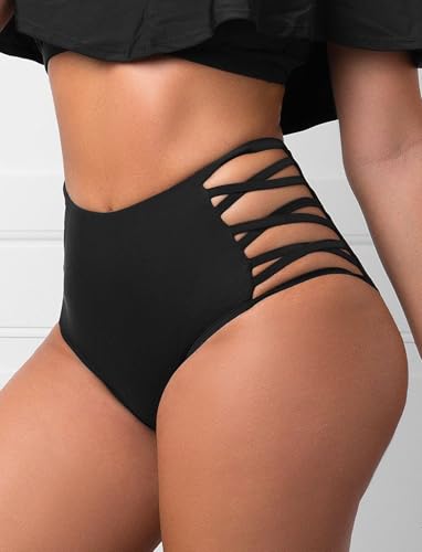 Women's High Waist Bikini Bottoms Tummy Control Strappy Sides XX-Large Black