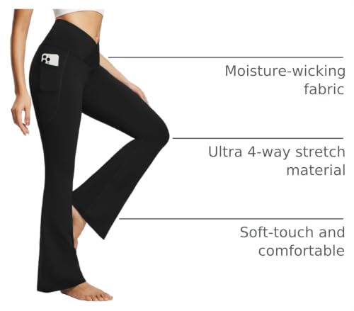 Baleaf Women's V Crossover Flare Leggings with Pockets High Waist 34 Inch Inseam Large Black