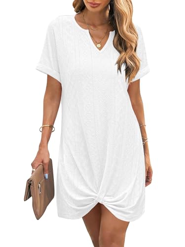 Women’s V-Neck Loose Twisted Swim Coverup Dress Large White Vacation Beachwear