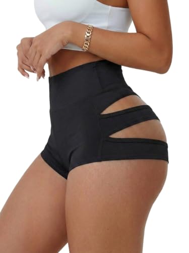 Women’s High Waist Cut Out Booty Shorts - Black, Medium - Rave Festival Fitness