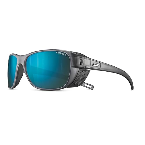 Julbo Camino Glacier Sunglasses with Removable Side Shields - Translucent Black/Gray Frame, Green Multilayer Blue Mirror Lens, Polarized UV Protection