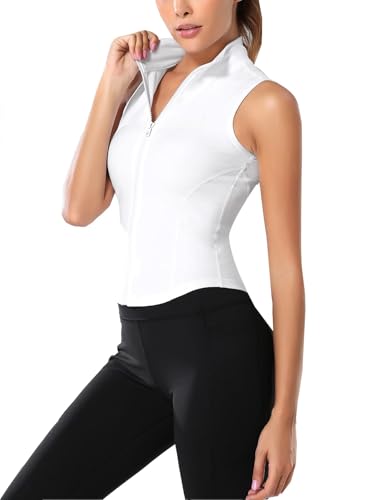 Flygo Women's Full Zip Sleeveless Workout Jacket Vest - Small White