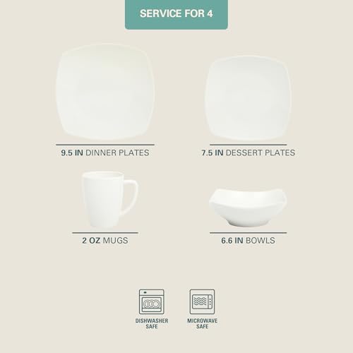 Gibson Home Zen Buffet White Porcelain Dinnerware Set for 4 - 16 Pieces, Square Plates Bowls & Mugs, Chip & Scratch Resistant, Dishwasher & Microwave Safe