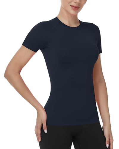 Runhit Women's Short Sleeve Compression Workout Shirt Medium Navy - Athletic Gym Base Layer