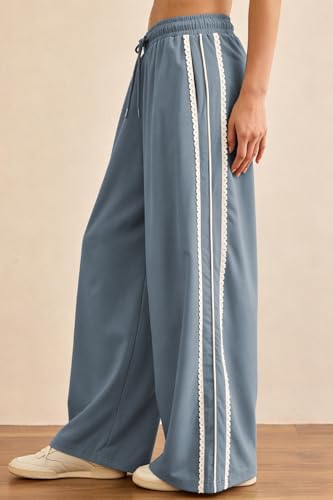 Large Dusty Blue Stripe Lace Trim Wide Leg Sweatpants for Women - Drawstring Activewear