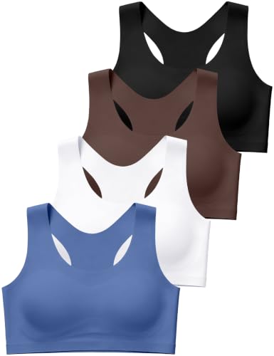 Girls Sports Bra Kids Racerback Training Bra with Sewn-in Pads - 14-16 Years, Black/Brown/Navy Blue/White