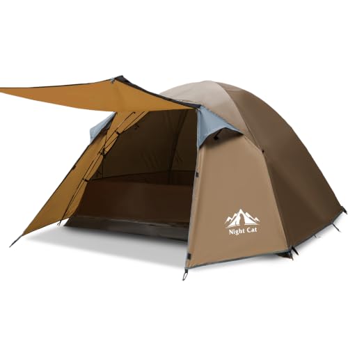 Night Cat Khaki Family Camping Tent for 2-3 Persons with Porch, Waterproof & Easy Setup