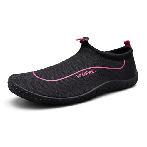 Water Shoes Women Men Multi-Purpose Barefoot Aqua Socks with Thick Sole - Black Pink, 8 Women / 6.5 Men
