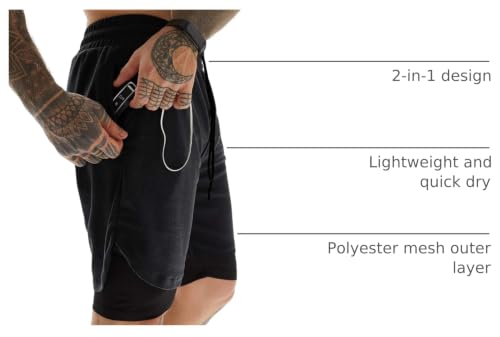 Men's 2-in-1 Workout Running Shorts with Compression Liner - Large, 5 Pack Black