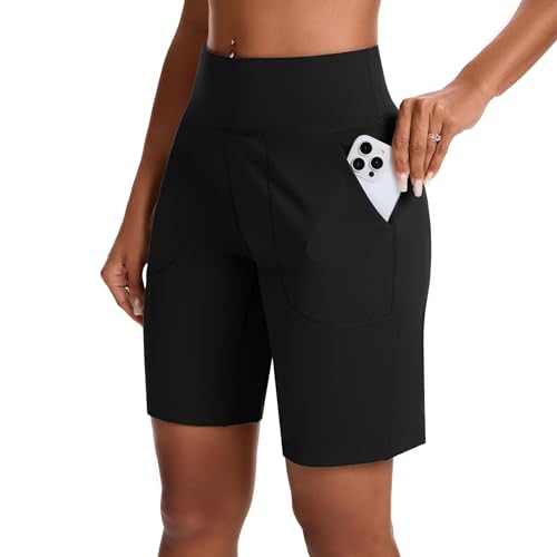 Women’s Bermuda Shorts with Zipper Pocket High Waist Long Athletic Shorts - Large Black