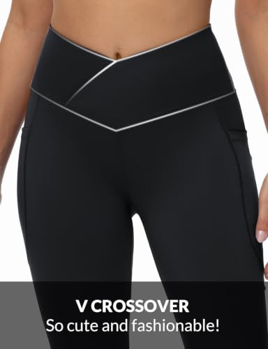 Baleaf Women's V Crossover Flare Leggings with Pockets High Waist 34 Inch Inseam Large Black