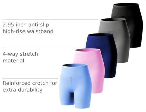 Girls Bike Shorts 5 Pack High Waisted Athletic Shorts for Kids & Teens - Large / Black, Light Gray, Navy, Pink, Light Blue