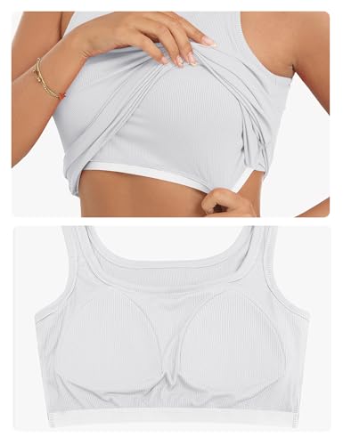 OwnTime Women's Tank Top with Built-In Bra, Square Neck, Ribbed, Fitted - Medium White