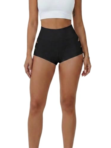 Women’s High Waist Cut Out Booty Shorts - Black, Medium - Rave Festival Fitness