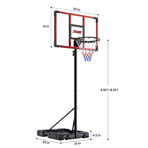 Black Portable Basketball Hoop for Kids & Teens - Adjustable Height 4.1-8.5 ft, 32'' Shatterproof Backboard, Fillable Base