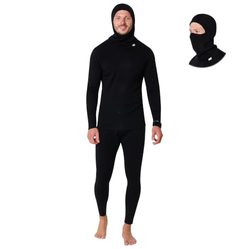 Men's Merino Wool Base Layer Set Large Black Thermal Long Underwear with Balaclava
