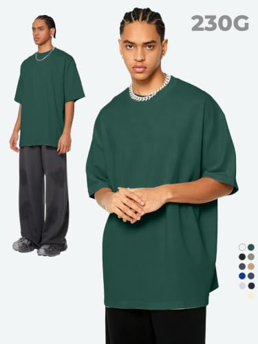 Men's Oversized Heavyweight Cotton T-Shirt Crew Neck Short Sleeve Basic Tee - Large Dark Green