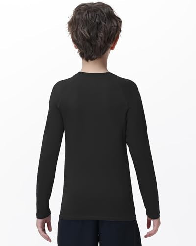 Runhit Youth Boys Compression Shirt Long Sleeve Athletic Undershirt - Large Black UPF 50+