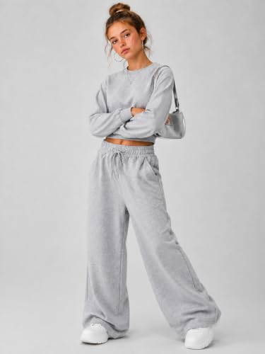 Teen Girls Wide Leg Sweatpants 2 Pack with Pockets High Waist Baggy Pants - Black & Grey 15-16 Years