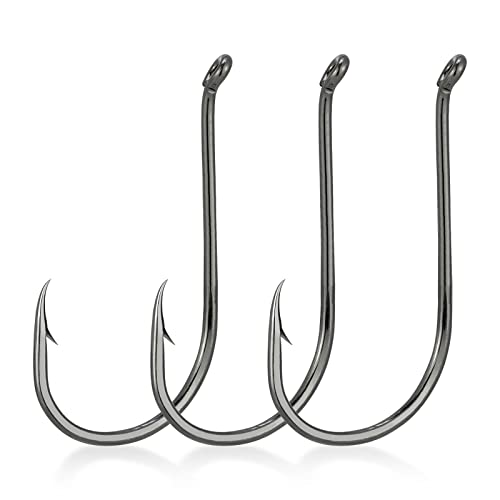 Black Offset Fishing Hooks 100 Pack - Saltwater & Freshwater Bait Hooks for Catfish Bass Tuna