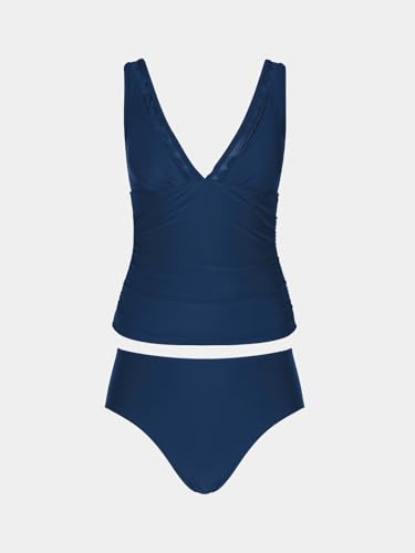 Women's Tankini Swimsuit Set V Neck Scalloped Mesh Bathing Suit Navy Blue Medium