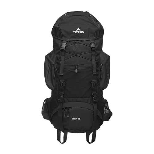 Teton Scout 55L Internal Frame Hiking Backpack with Rain Cover - Black / 55L