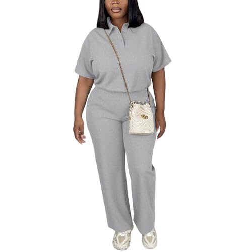 Women's 2 Piece Lounge Sets Polo Shirt & Wide Leg Pants, Grey, Small