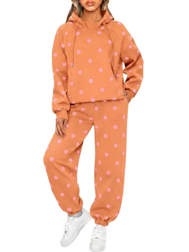 Fisoew Women's Polka Dot 2 Piece Set Large Brown Long Sleeve Hooded Top & Jogger Pants