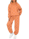 Fisoew Women's Polka Dot 2 Piece Set Large Brown Long Sleeve Hooded Top & Jogger Pants