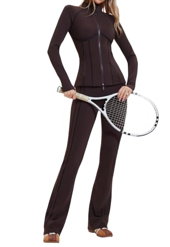 AFZ Women Bodycon 2 Piece Tracksuit Set - Athleisure Fall Travel Outfit, Medium Coffee