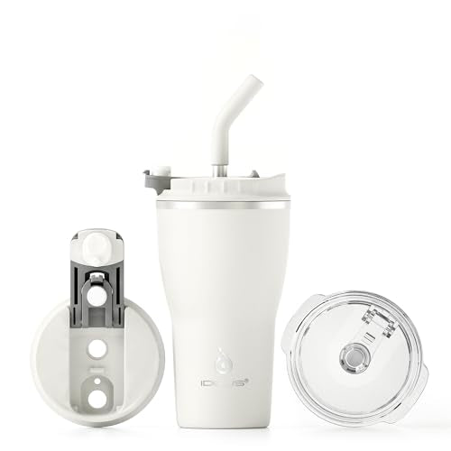 IDEUS 14 oz Insulated Stainless Steel Travel Tumbler with Lid & Straw - White