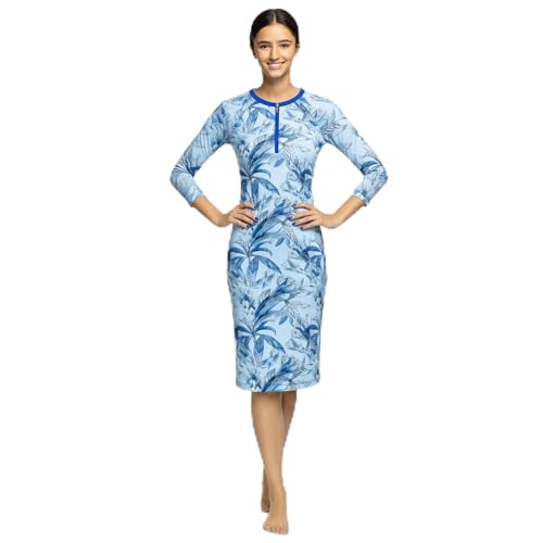 Shira Modest Swimsuit for Women - Blue Leaves Print Swim Dress with UPF 50+ - Large