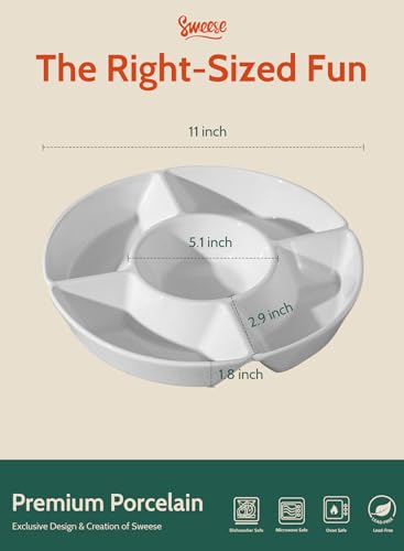 White Porcelain Chip & Dip Serving Set with 5 Compartments - Elegant Platter for Snacks