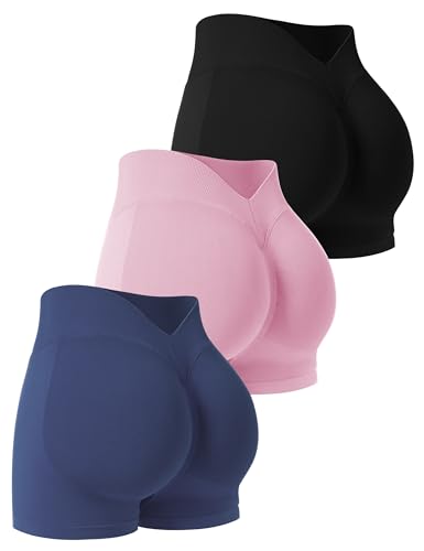 Women’s Workout Shorts with Scrunch Butt & High Waist - Medium / Black Pink Navy