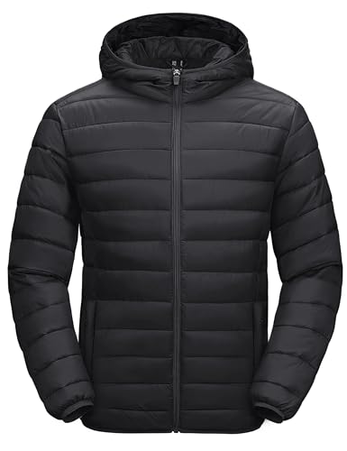 Men's Lightweight Puffer Jacket Hooded Winter Coat Black XL - Water-Resistant Quilted Bubble