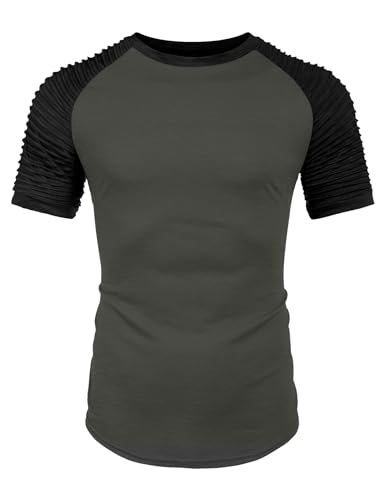 Men's Muscle T-Shirt Pleated Raglan Sleeve Gym Tee Short Sleeve Workout Shirt - Pattern3 Grey & Black
