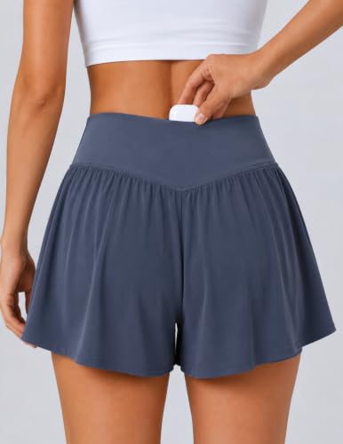 Women's Crossover Flowy Shorts 3-Pack with Pockets - Large Gray Black Slate Blue