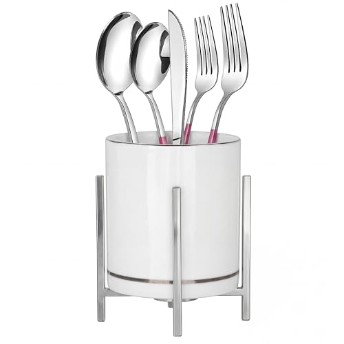Farmhouse Flatware Holder with Silver Trim - Ceramic Utensil Caddy & Cup with Silver Bracket