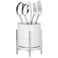 Farmhouse Flatware Holder with Silver Trim - Ceramic Utensil Caddy & Cup with Silver Bracket
