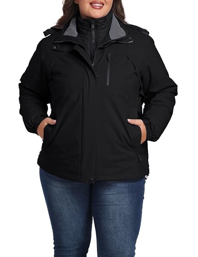 Wantdo Women's 3-in-1 Ski Jacket Plus Size Winter Snowboarding Coat Black 3X