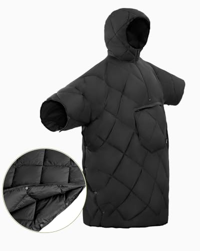 ATEPA Black 3-in-1 Wearable Camping Blanket Poncho with Hood