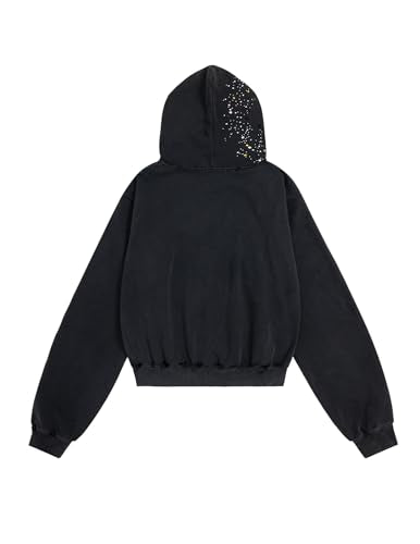 Unisex Oversized Zip Up Hoodie - Black Medium Rhinestone Star Jacket