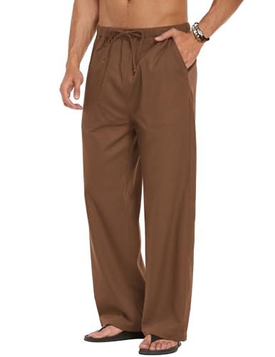 Men Linen Pants Casual Elastic Waist Drawstring Summer Beach Pants - Medium Brown