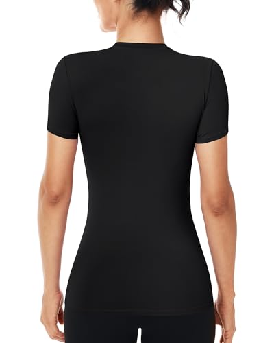 Runhit Women's Short Sleeve Compression Workout Top – UPF 50+ Quick Dry Gym Shirt, Medium, Black