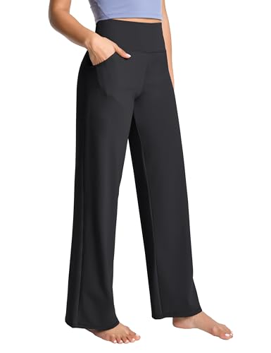 Women High Waist Wide Leg Yoga Pants with Pockets - Loose Sweatpants, 31" Inseam, Large, Black